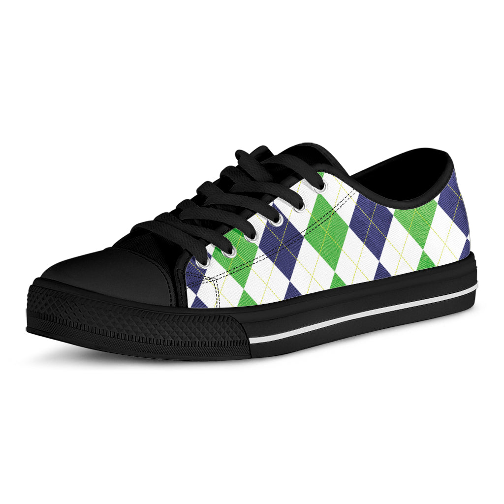 Green White And Navy Argyle Print Black Low Top Shoes