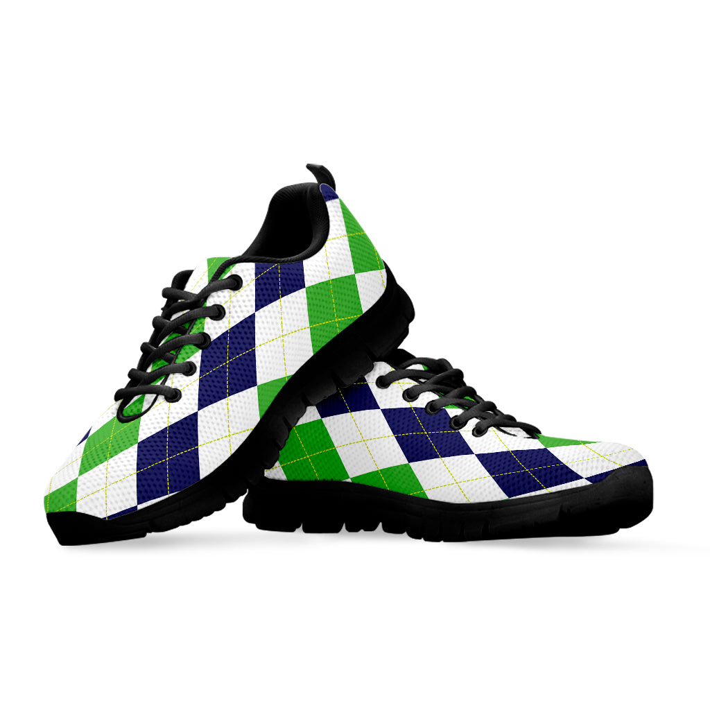 Green White And Navy Argyle Print Black Sneakers
