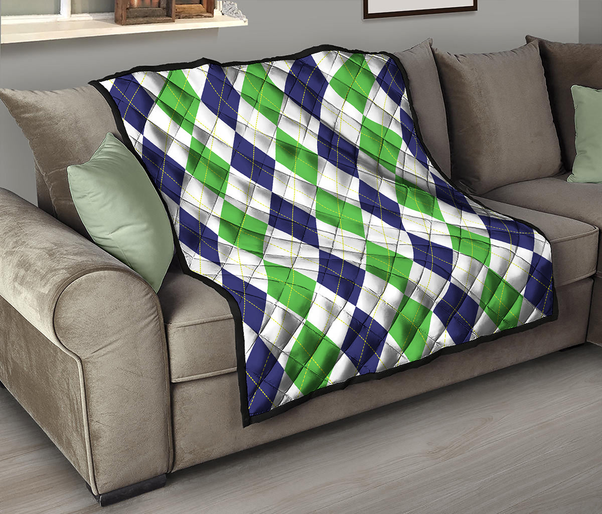 Green White And Navy Argyle Print Quilt