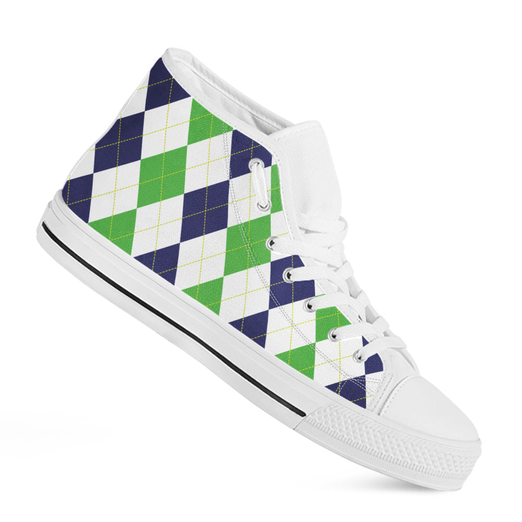 Green White And Navy Argyle Print White High Top Shoes