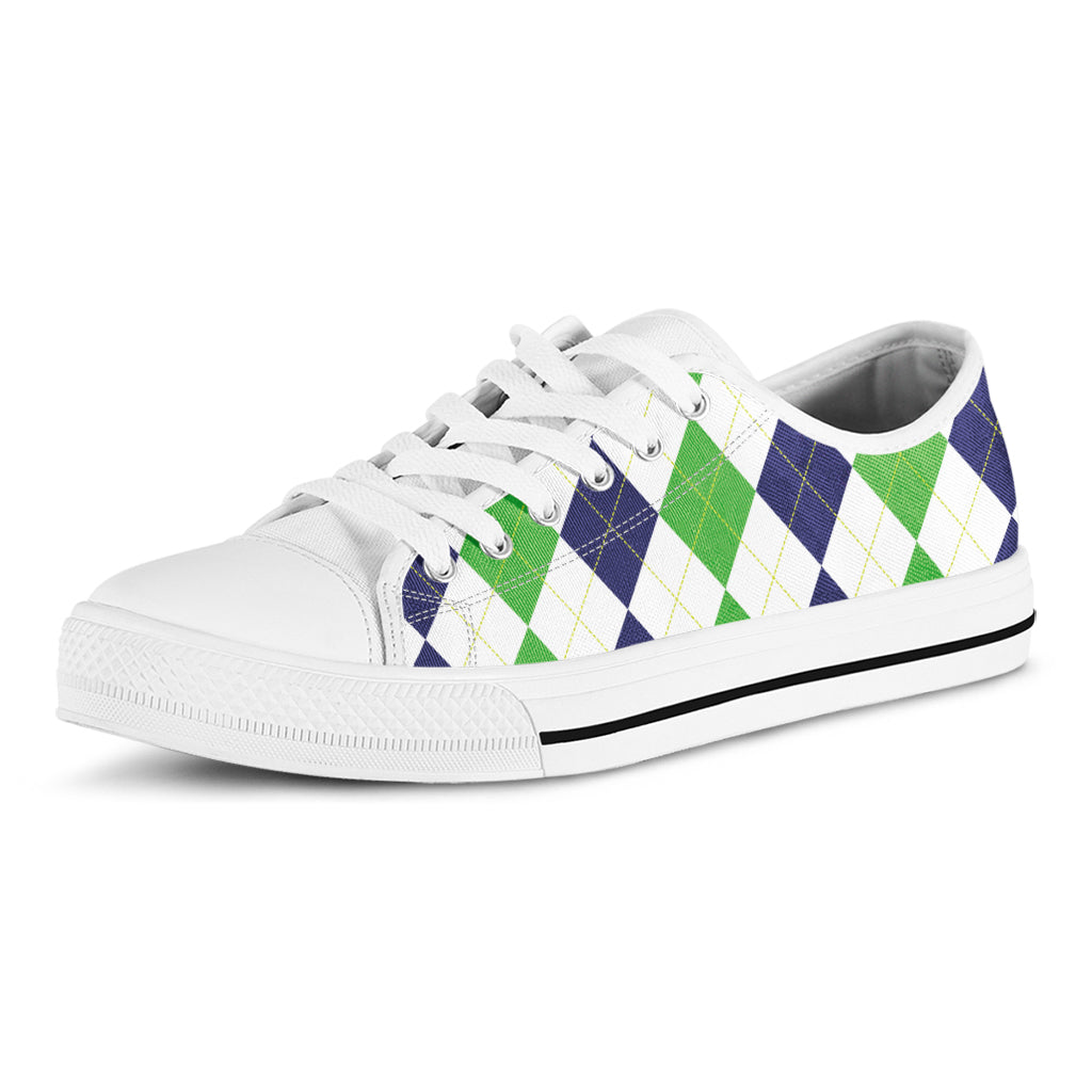 Green White And Navy Argyle Print White Low Top Shoes