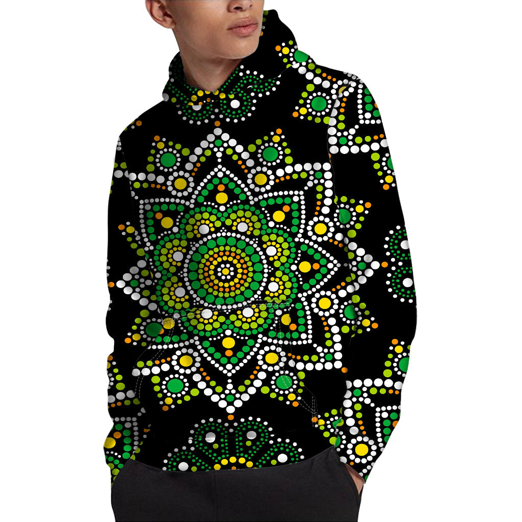 Green White Dot Mandala Print Pullover Hoodie