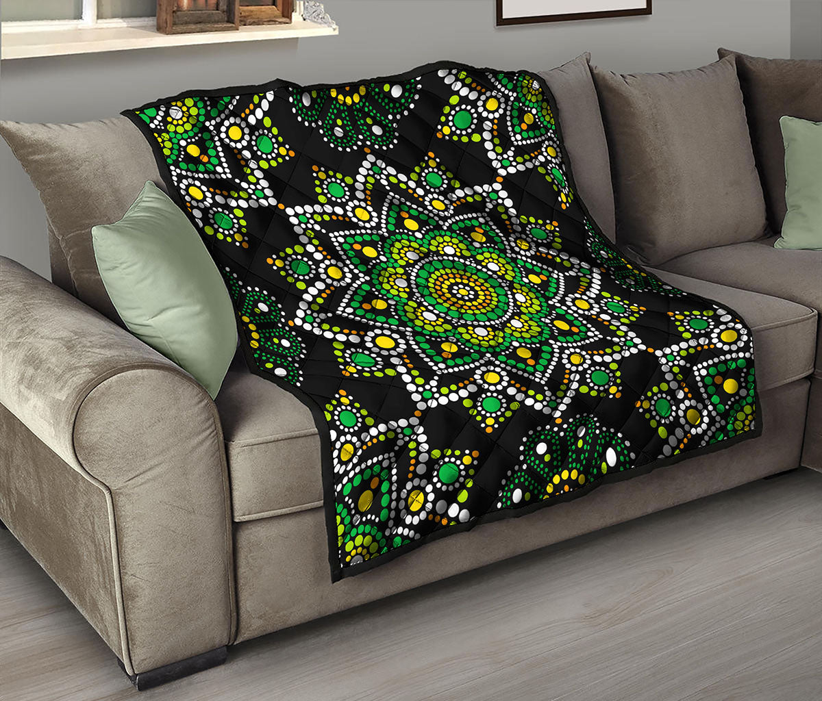 Green White Dot Mandala Print Quilt