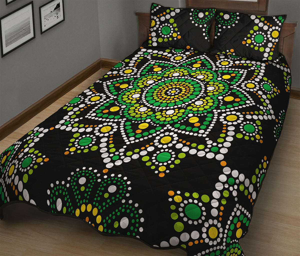 Green White Dot Mandala Print Quilt Bed Set