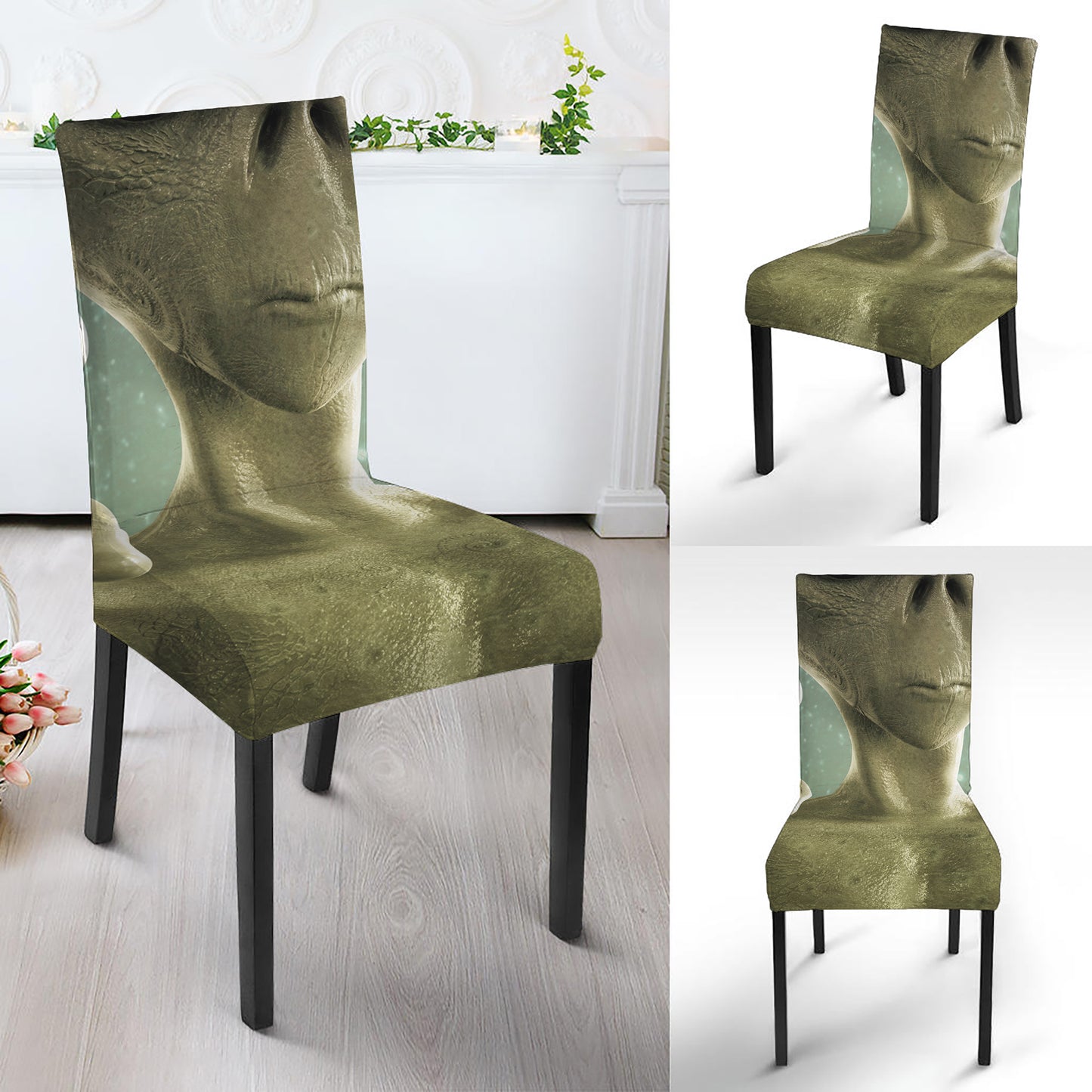 Grey Alien 3D Print Dining Chair Slipcover