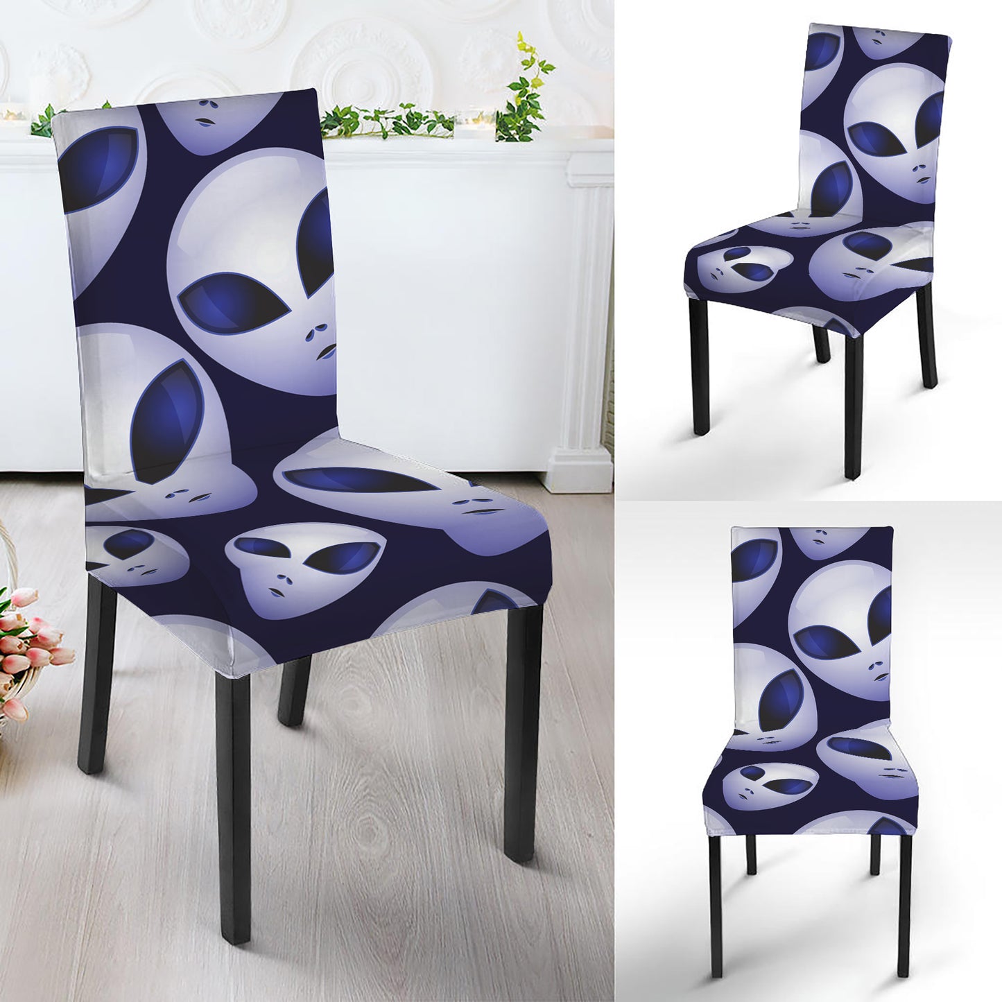 Grey Alien Face Pattern Print Dining Chair Slipcover