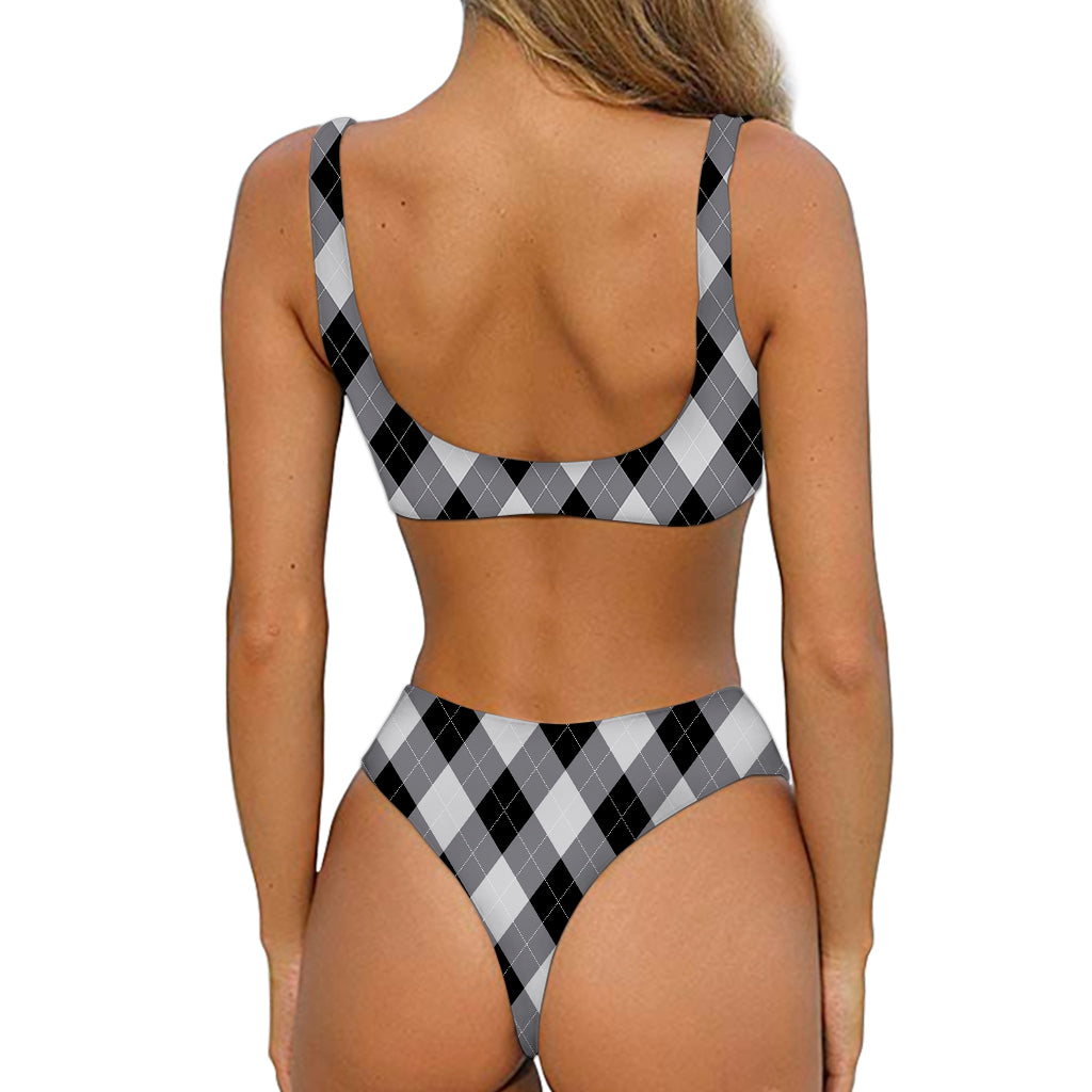 Grey And Black Argyle Pattern Print Front Bow Tie Bikini