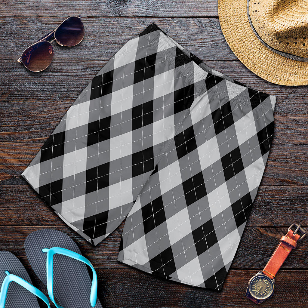 Grey And Black Argyle Pattern Print Men's Shorts