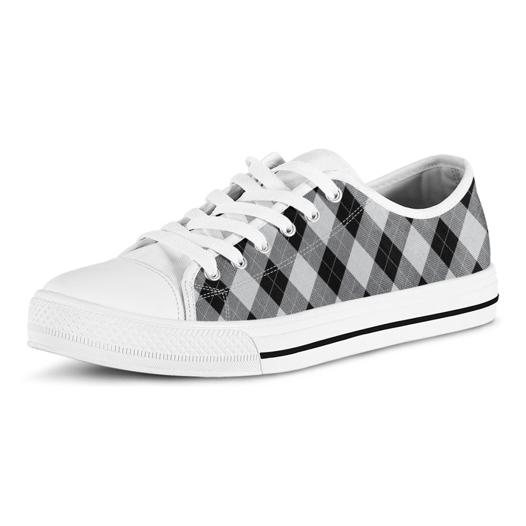 Grey And Black Argyle Pattern Print White Low Top Shoes