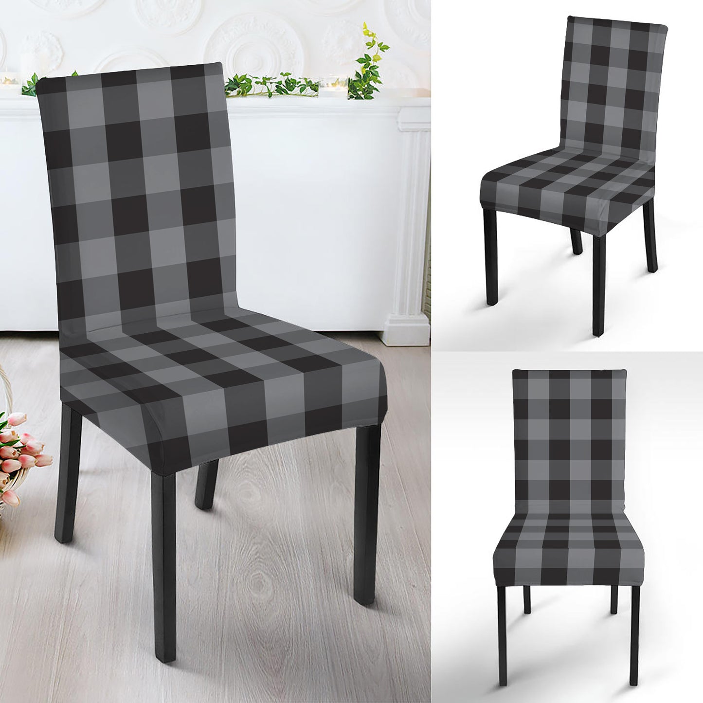 Grey And Black Check Pattern Print Dining Chair Slipcover
