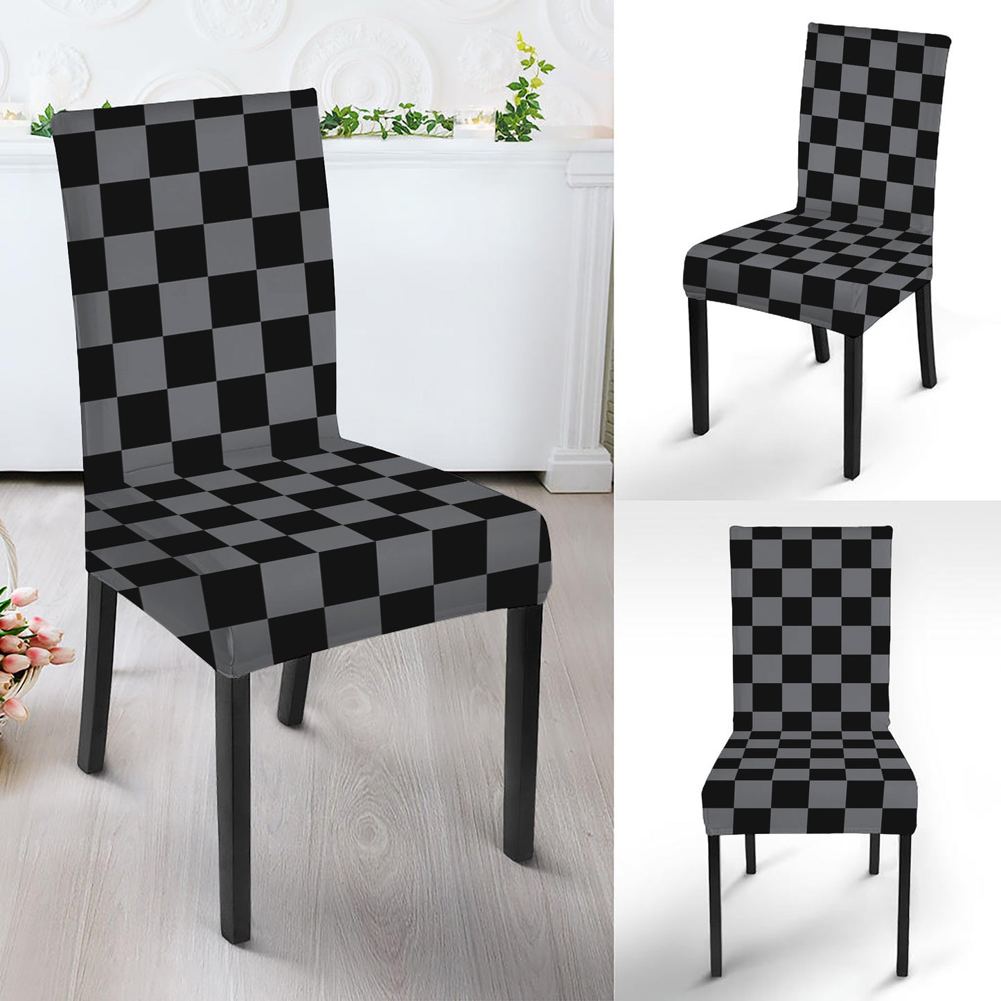 Grey And Black Checkered Pattern Print Dining Chair Slipcover
