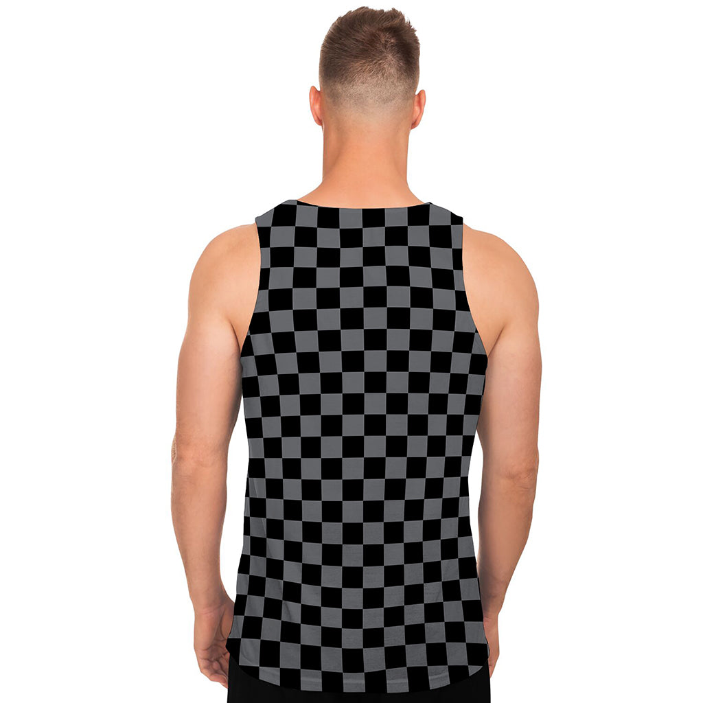 Grey And Black Checkered Pattern Print Men's Tank Top