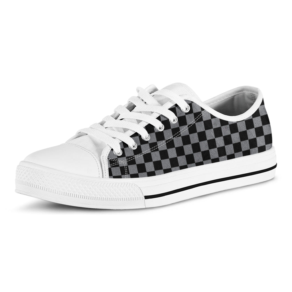 Grey And Black Checkered Pattern Print White Low Top Shoes