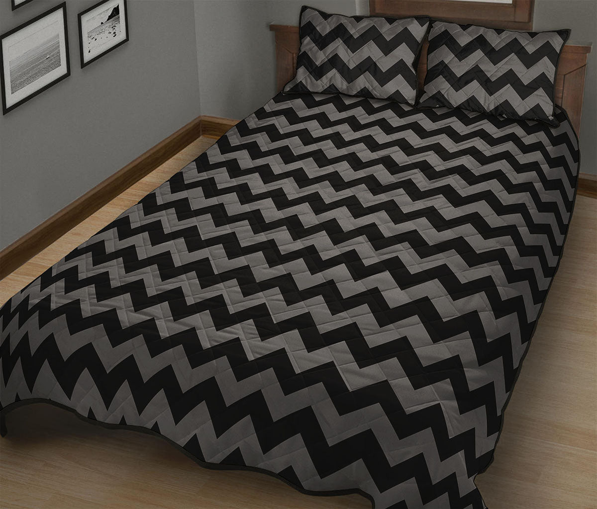 Grey And Black Chevron Pattern Print Quilt Bed Set