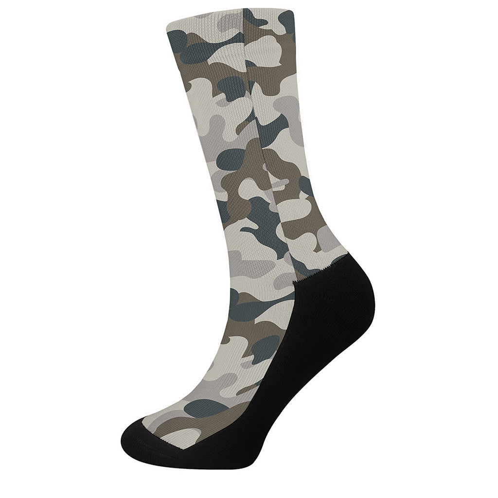 Grey And Brown Camouflage Print Crew Socks