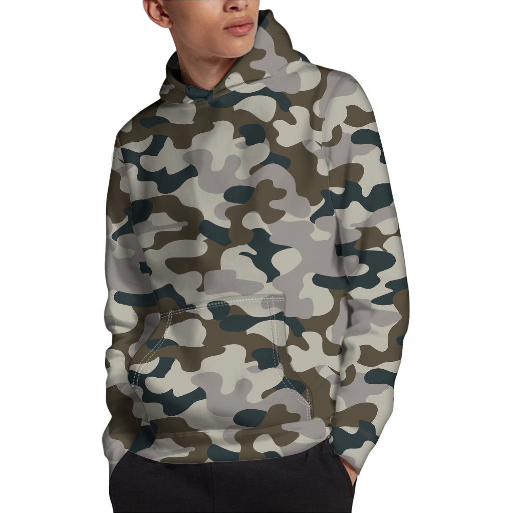 Grey And Brown Camouflage Print Pullover Hoodie