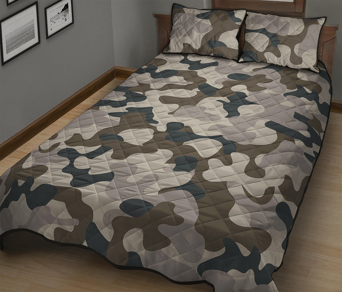 Grey And Brown Camouflage Print Quilt Bed Set