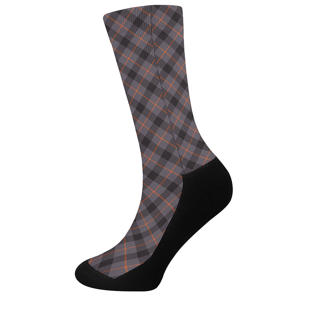 Grey And Orange Plaid Pattern Print Crew Socks