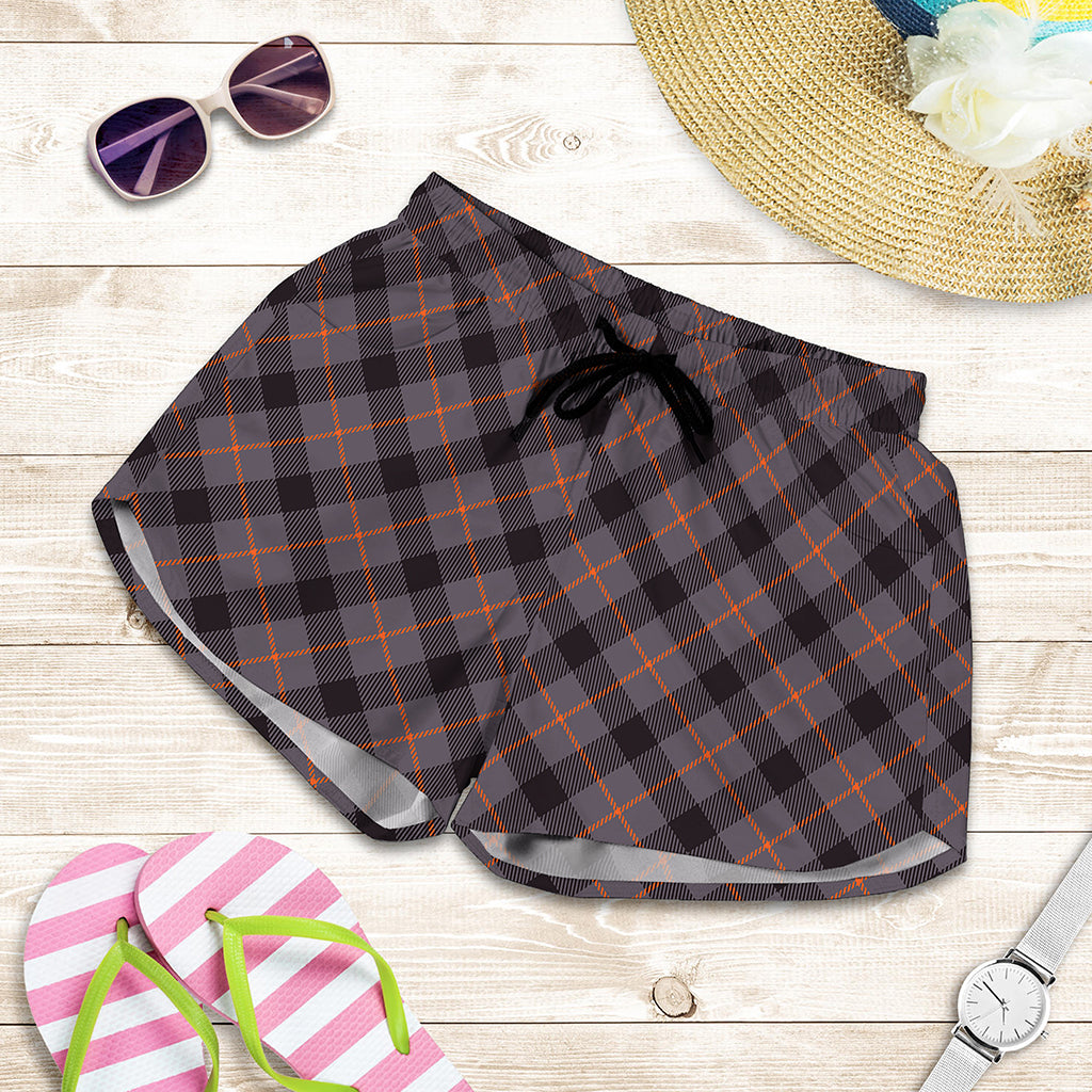 Grey And Orange Plaid Pattern Print Women's Shorts