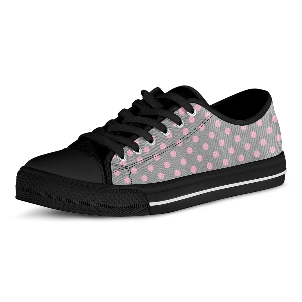 Grey And Pink Polka Dot Pattern Print Black Low Top Shoes