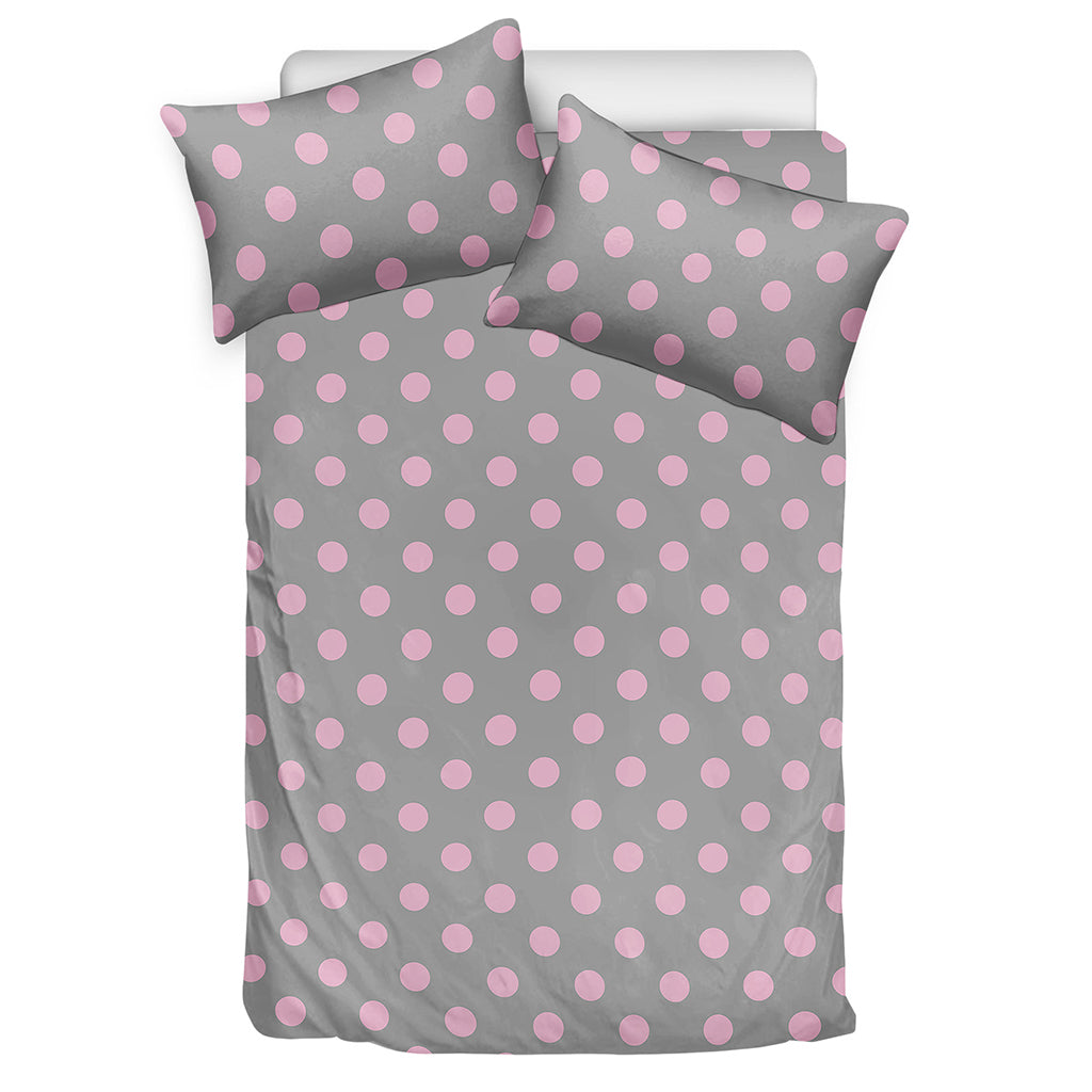 Grey And Pink Polka Dot Pattern Print Duvet Cover Bedding Set