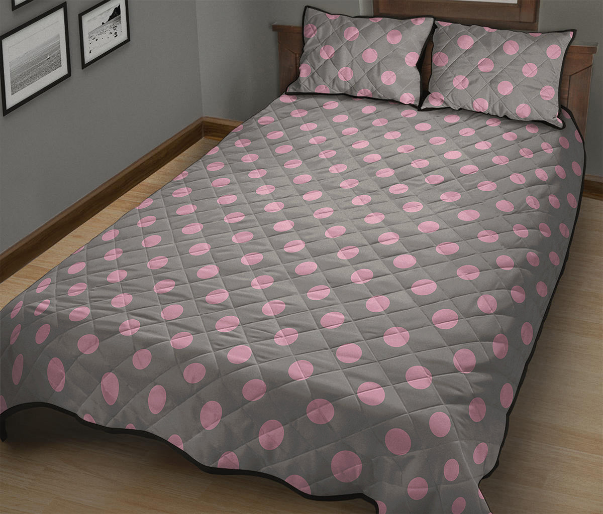 Grey And Pink Polka Dot Pattern Print Quilt Bed Set