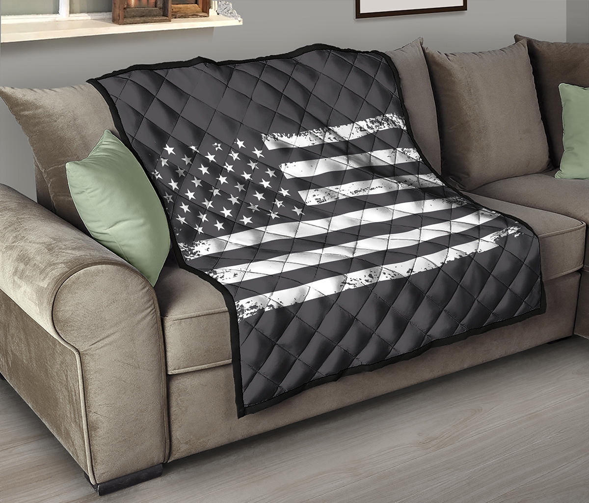 Grey And White American Flag Print Quilt