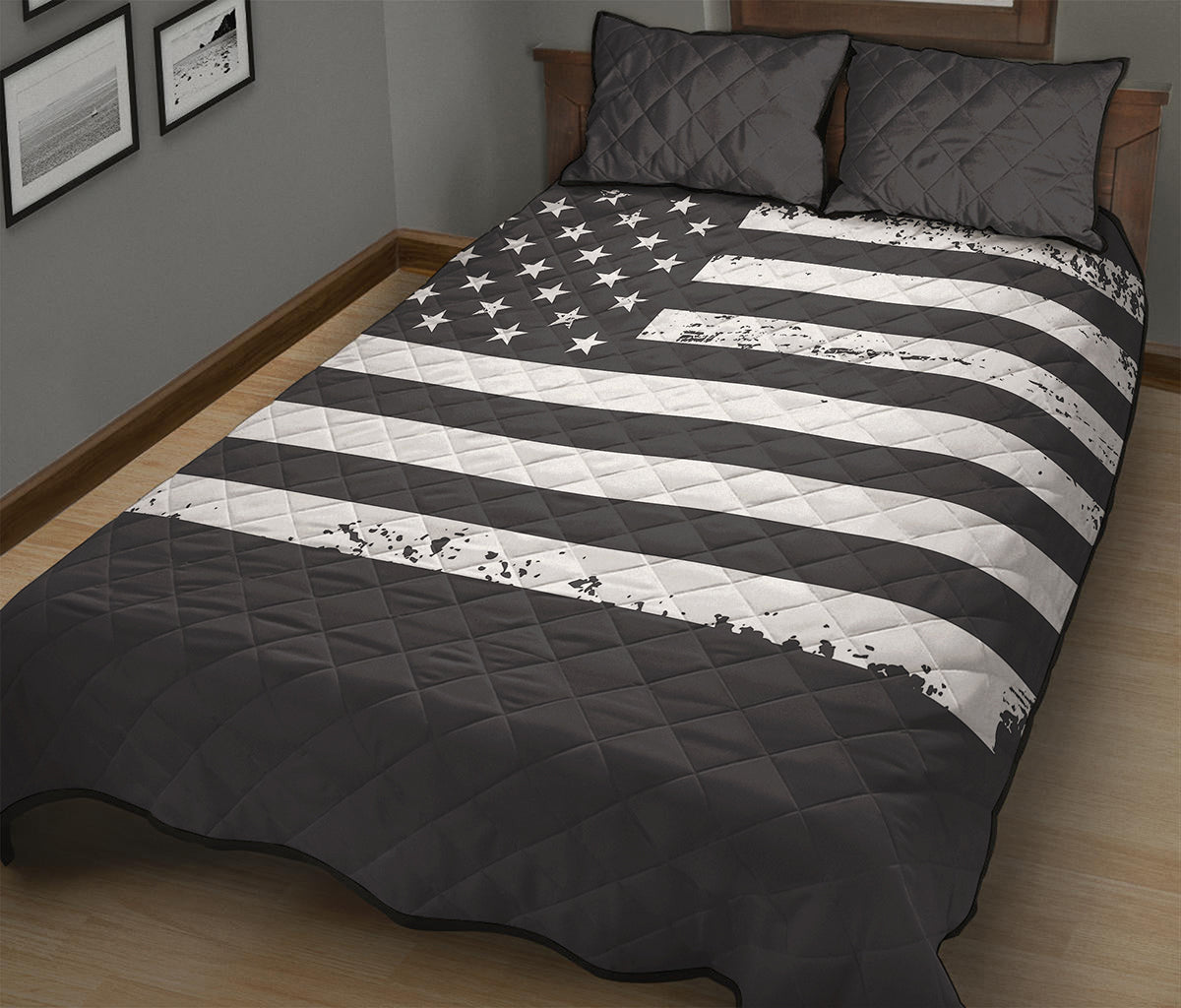 Grey And White American Flag Print Quilt Bed Set