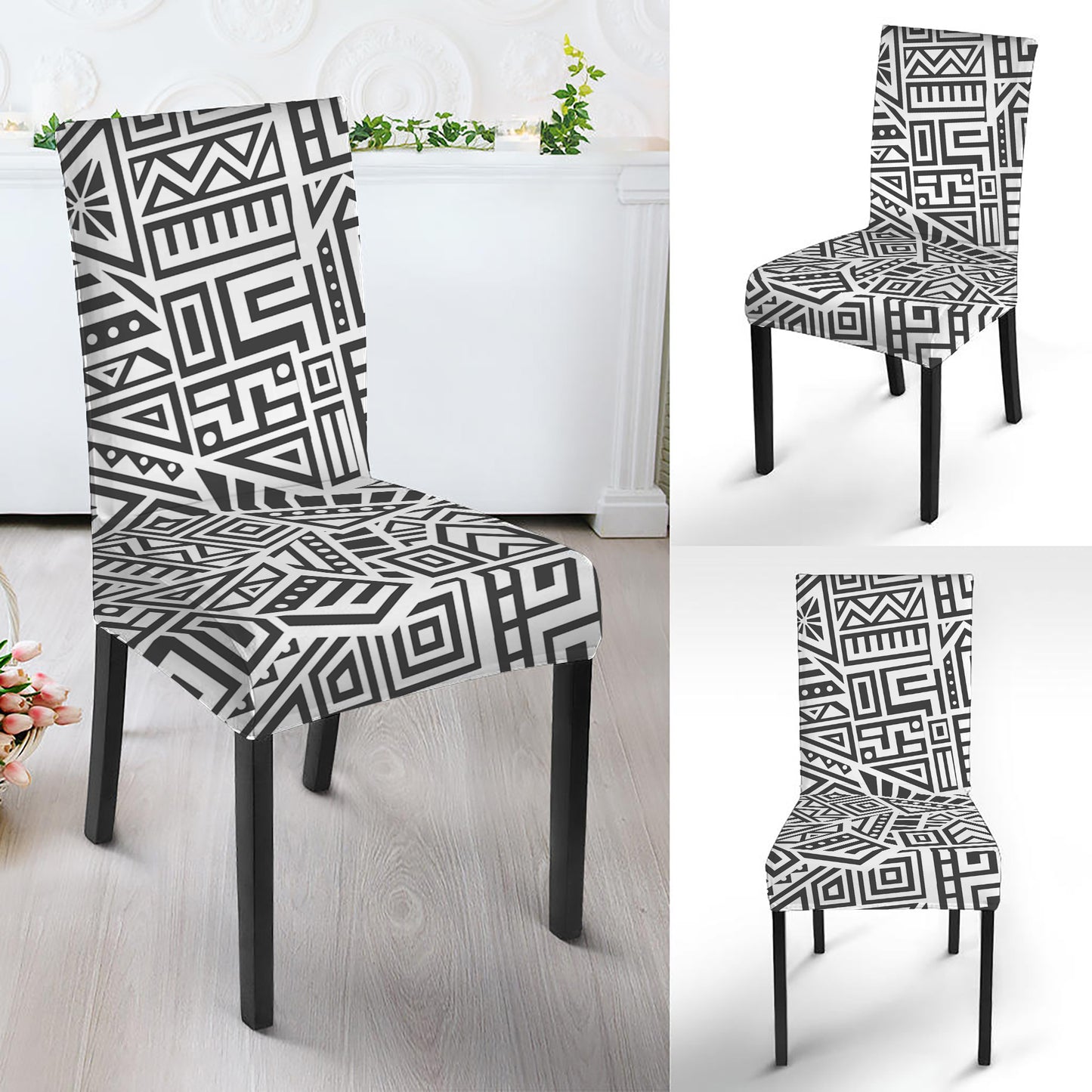 Grey And White Aztec Pattern Print Dining Chair Slipcover