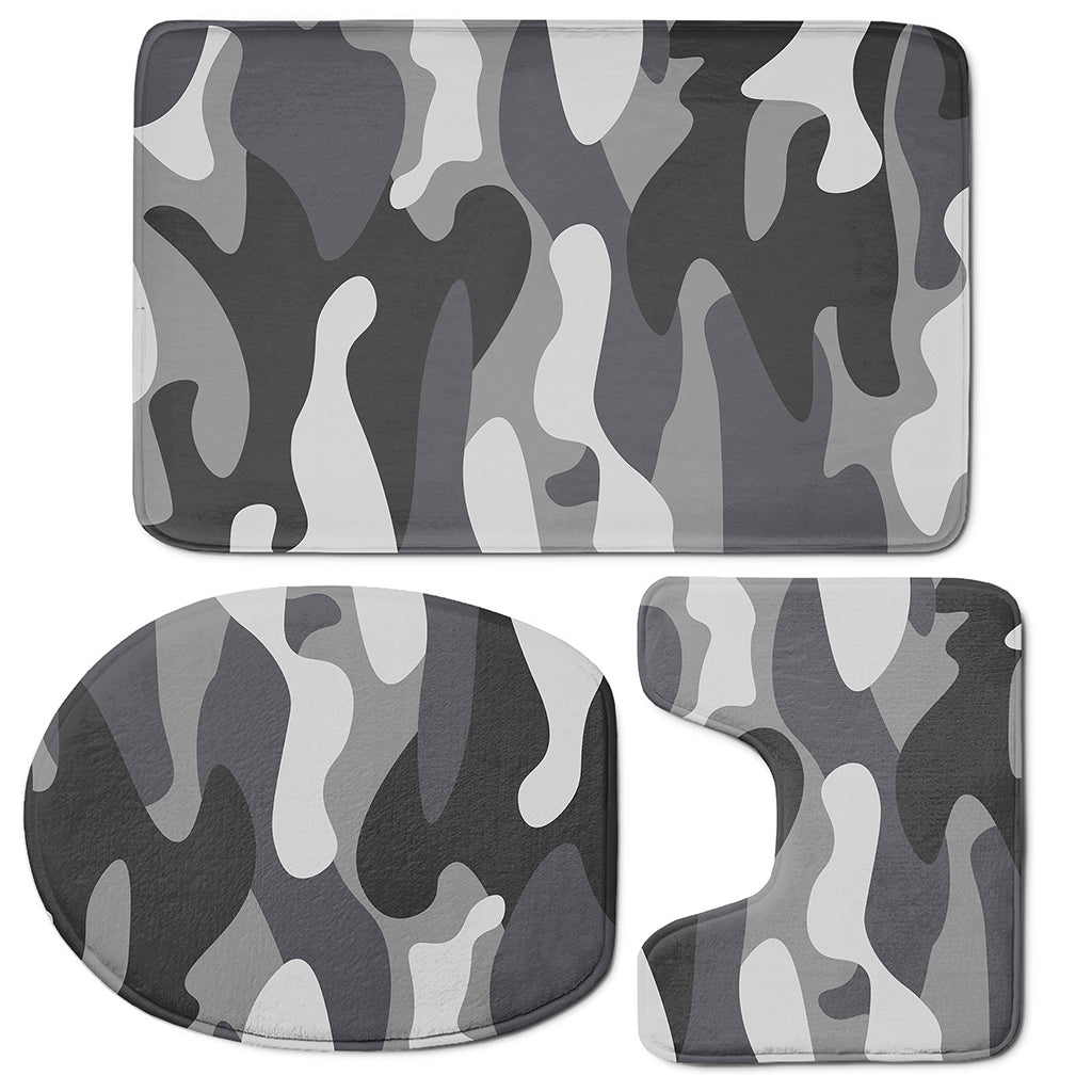 Grey And White Camouflage Print 3 Piece Bath Mat Set