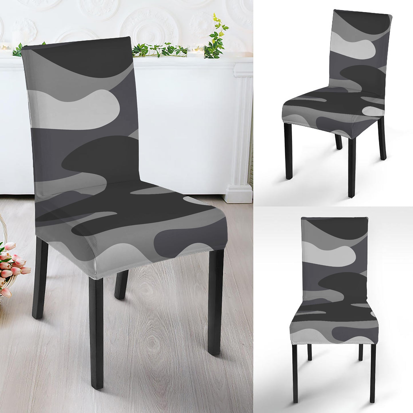 Grey And White Camouflage Print Dining Chair Slipcover