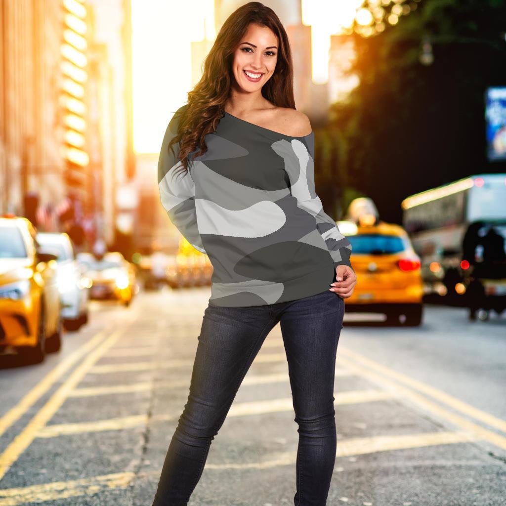 Grey And White Camouflage Print Off Shoulder Sweatshirt GearFrost