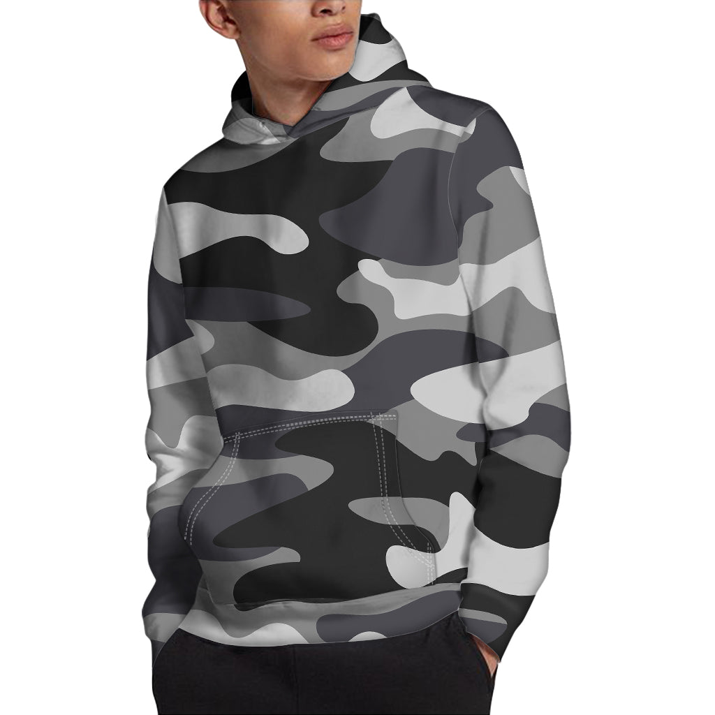 Grey And White Camouflage Print Pullover Hoodie