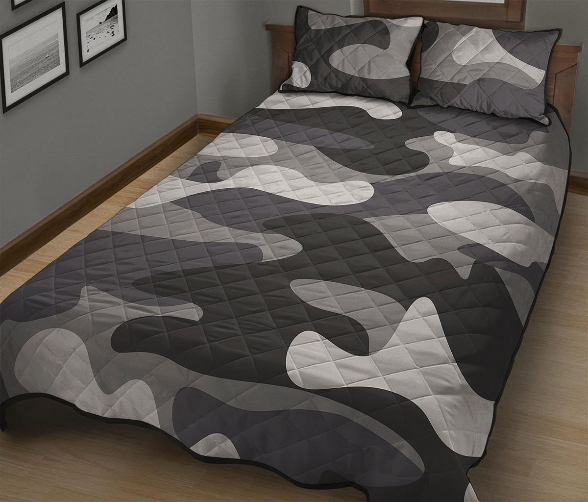 Grey And White Camouflage Print Quilt Bed Set