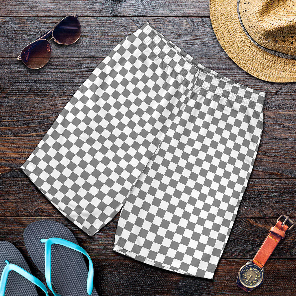 Grey And White Checkered Pattern Print Men's Shorts