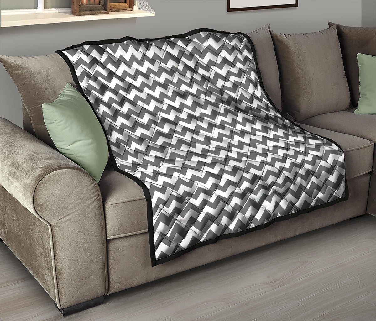 Grey And White Chevron Pattern Print Quilt