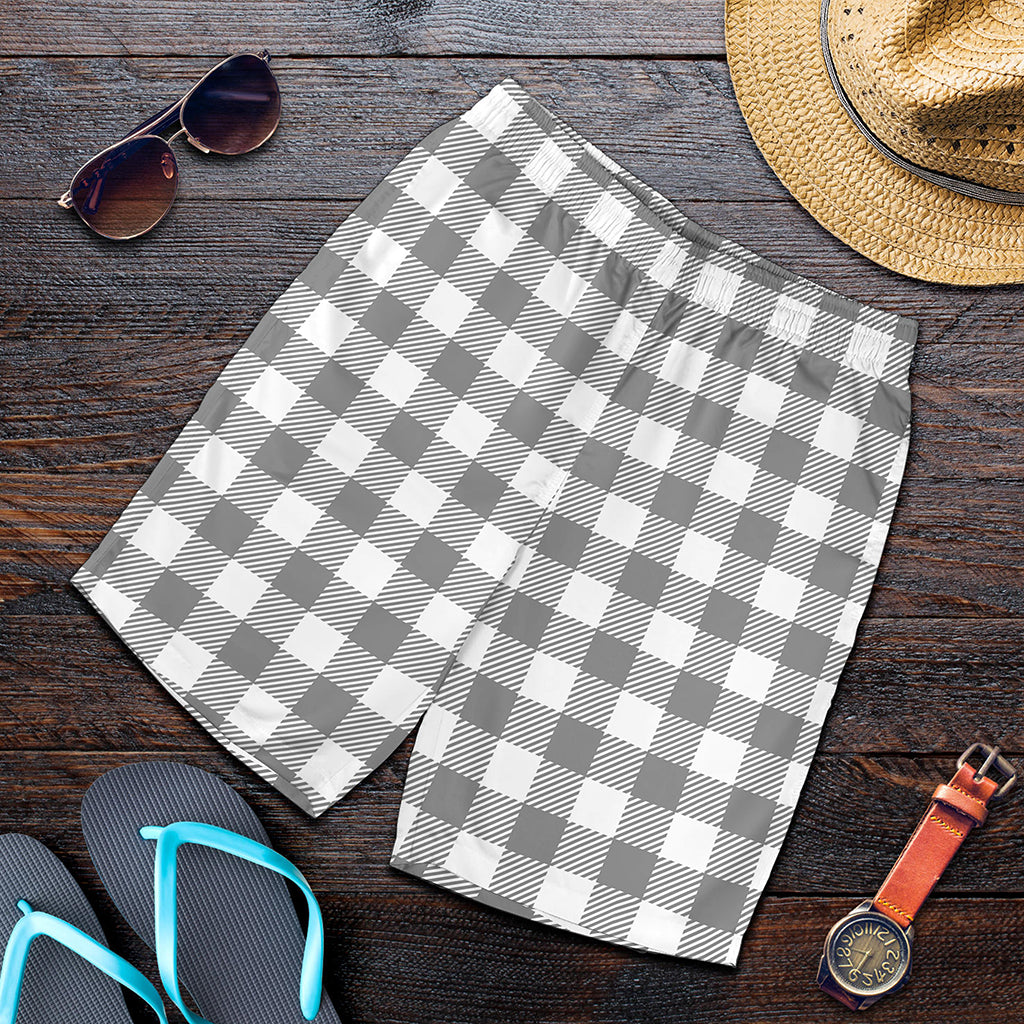 Grey And White Gingham Pattern Print Men's Shorts