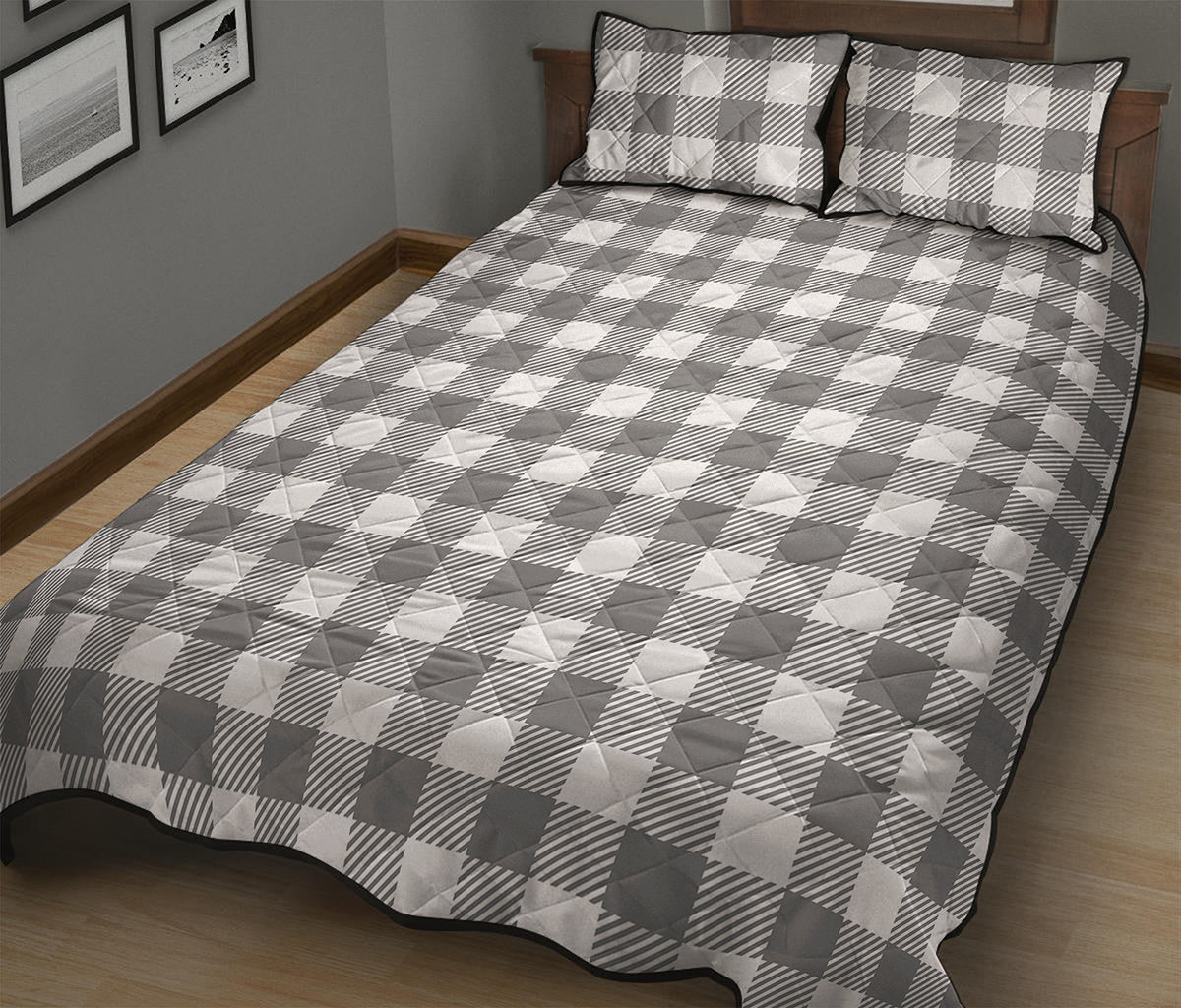 Grey And White Gingham Pattern Print Quilt Bed Set