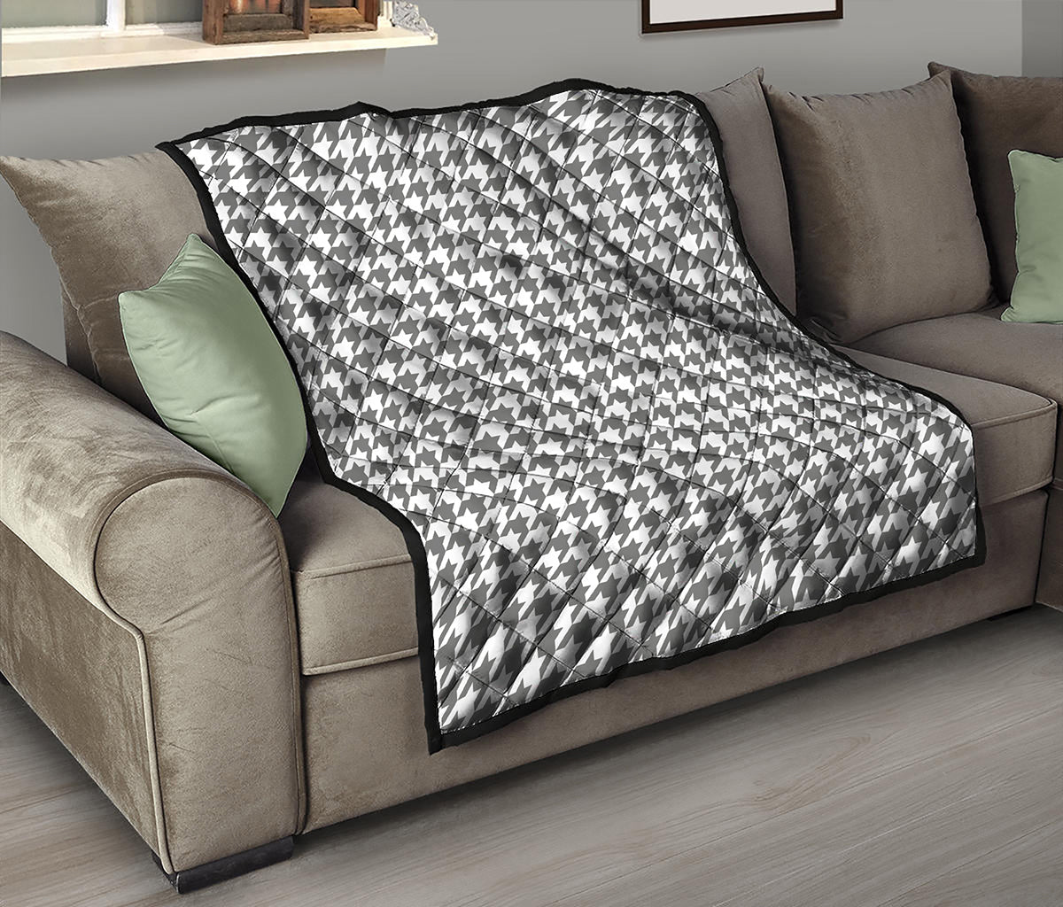 Grey And White Houndstooth Pattern Print Quilt