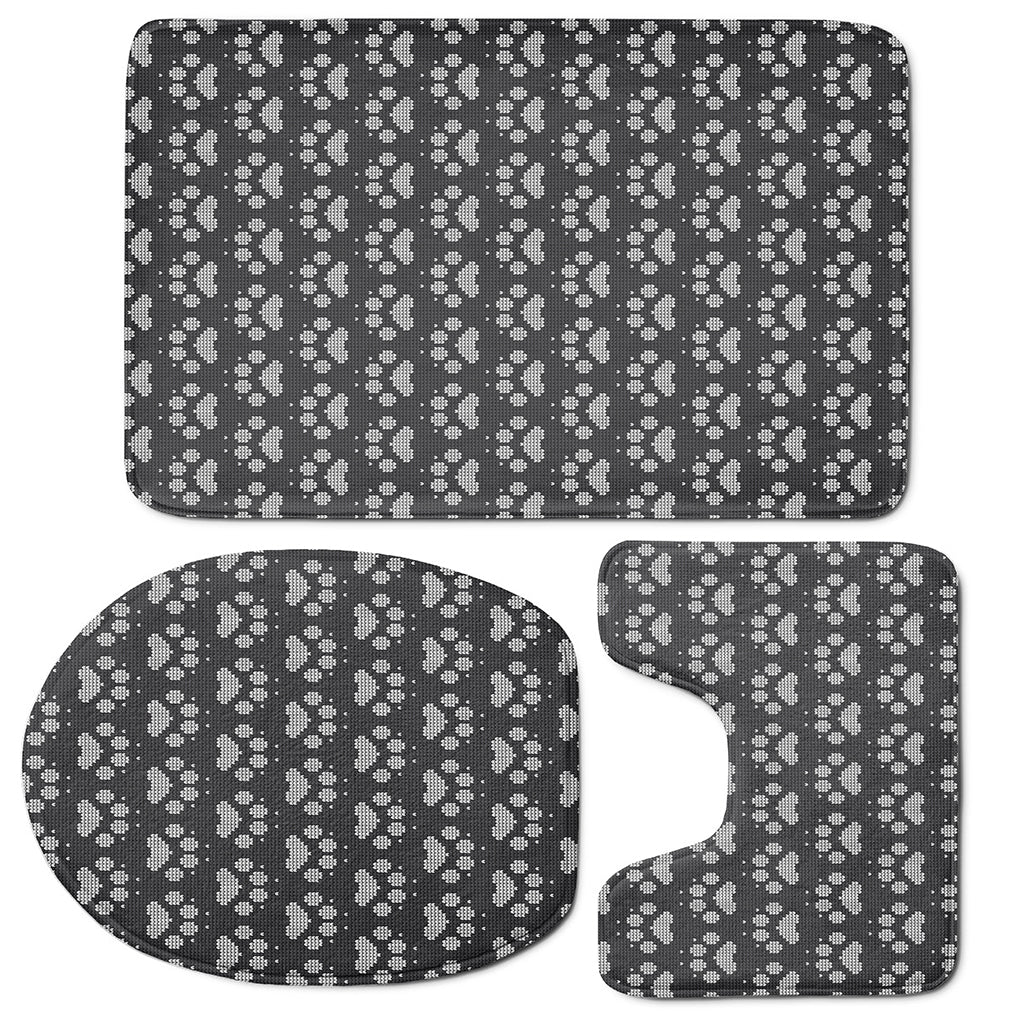 Grey And White Paw Knitted Pattern Print 3 Piece Bath Mat Set