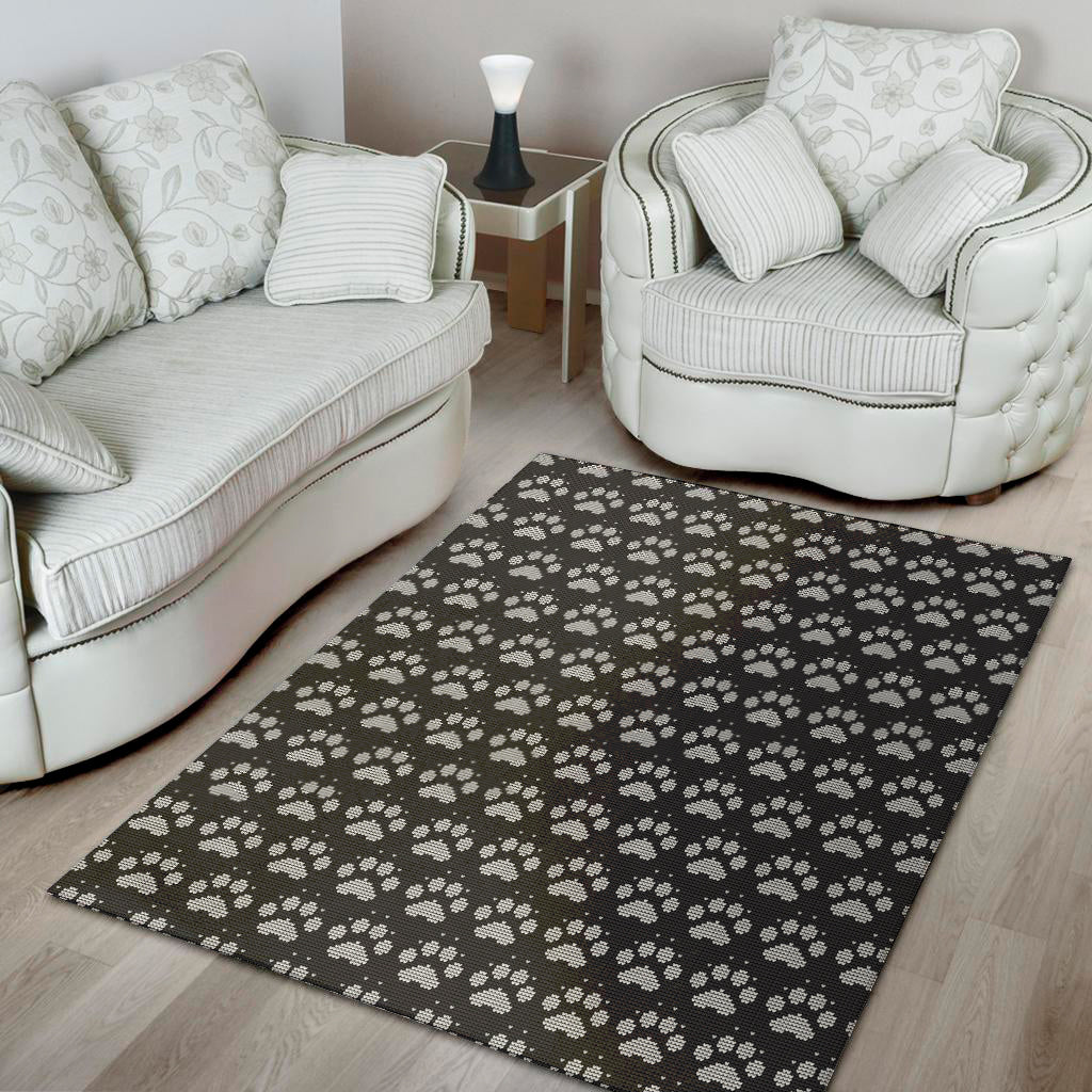 Grey And White Paw Knitted Pattern Print Area Rug