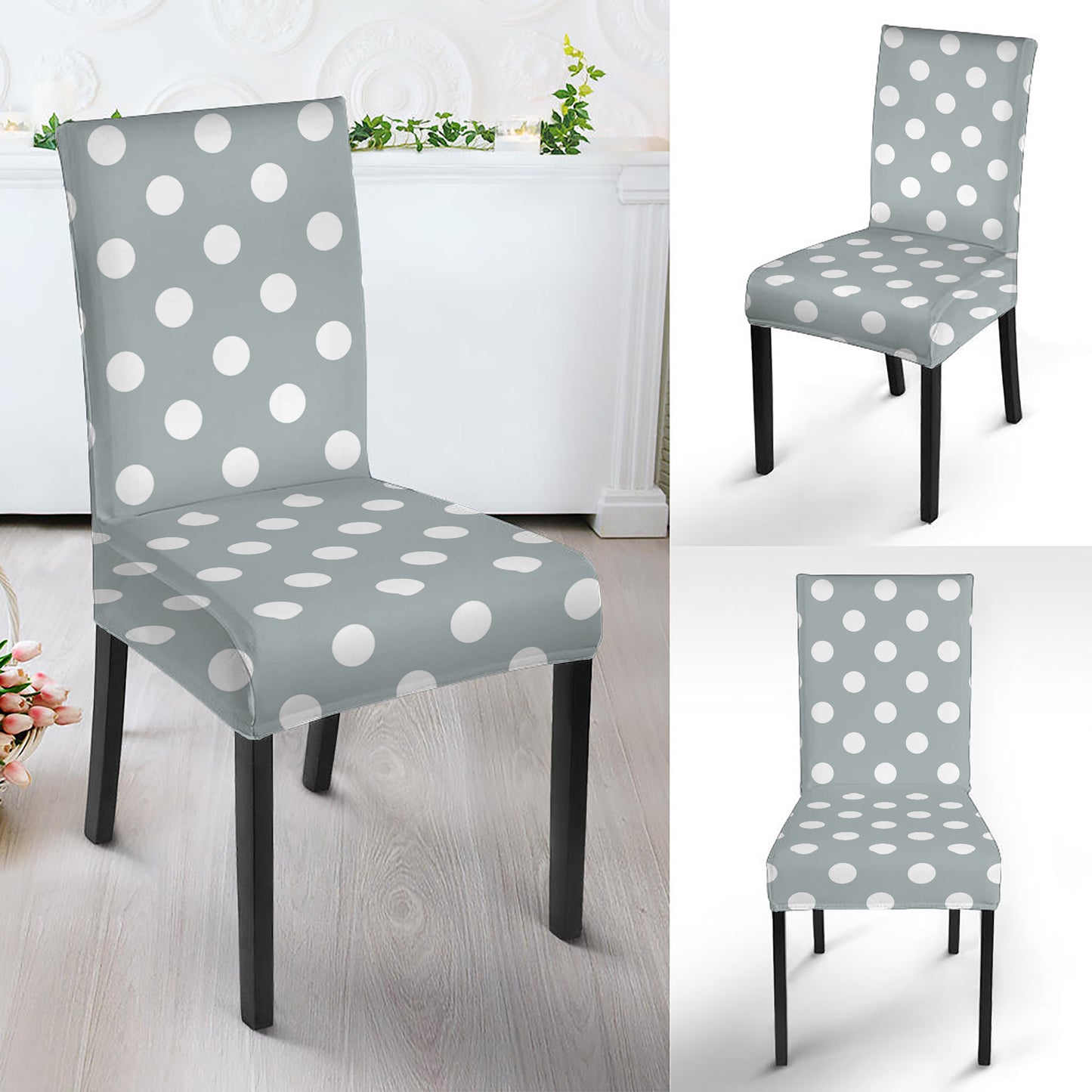 Grey And White Polka Dot Pattern Print Dining Chair Slipcover