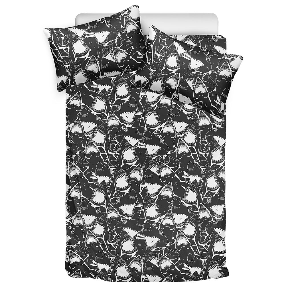 Grey And White Shark Pattern Print Duvet Cover Bedding Set