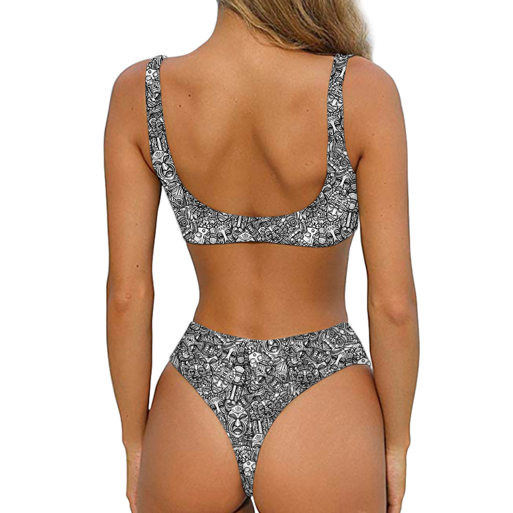 Grey And White Totem Pattern Print Front Bow Tie Bikini