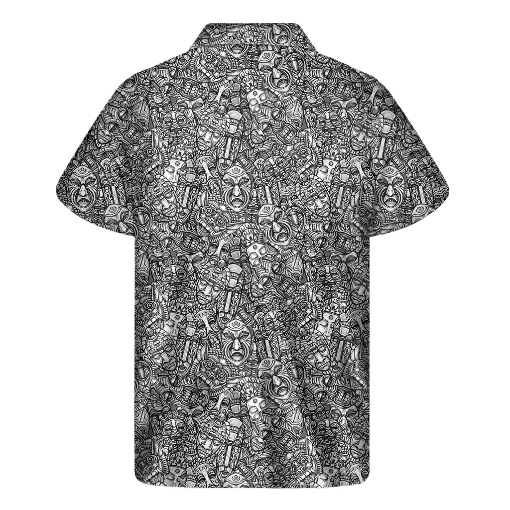 Grey And White Totem Pattern Print Men's Short Sleeve Shirt