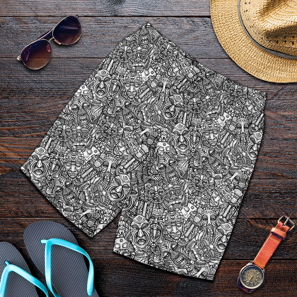 Grey And White Totem Pattern Print Men's Shorts