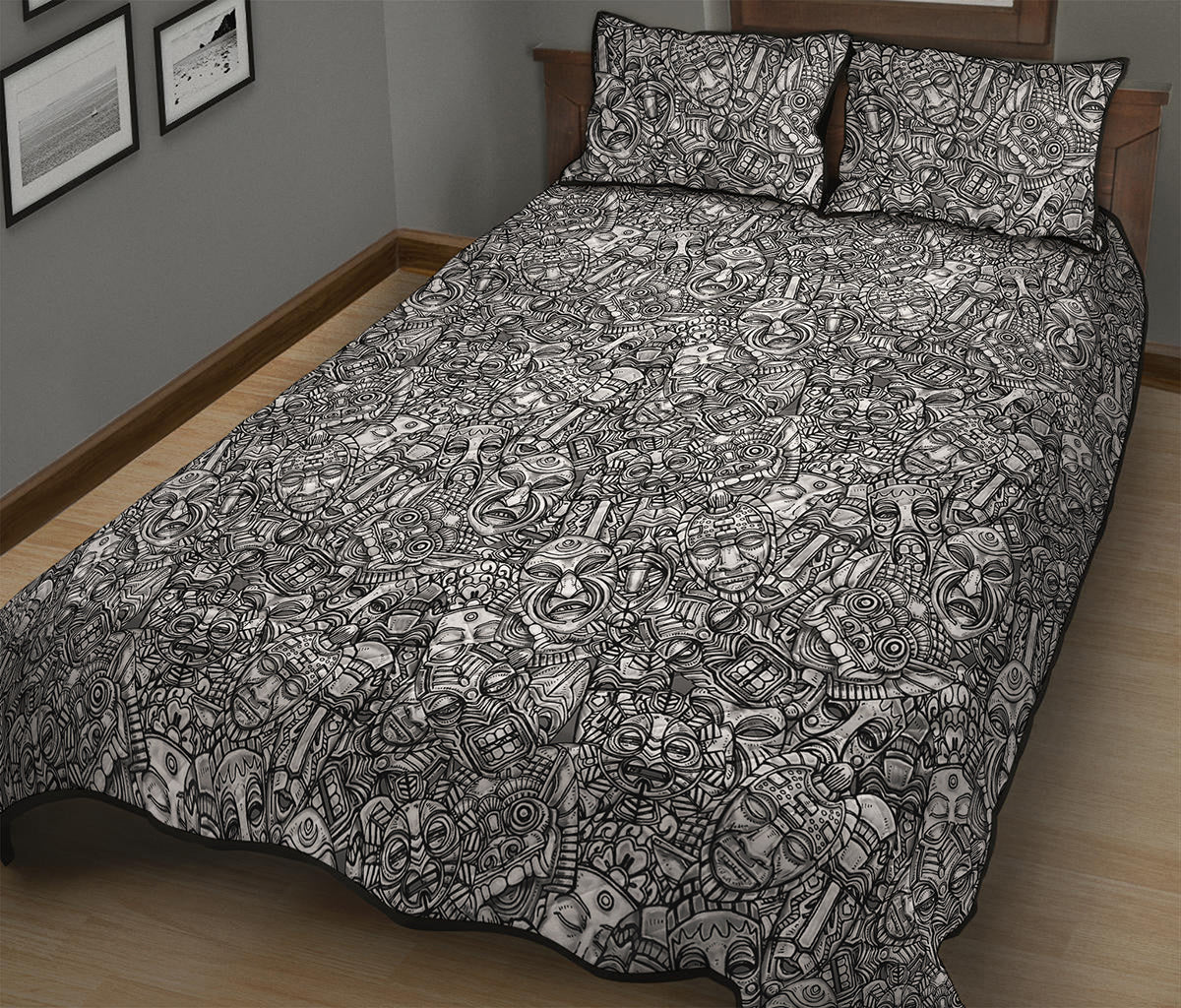 Grey And White Totem Pattern Print Quilt Bed Set