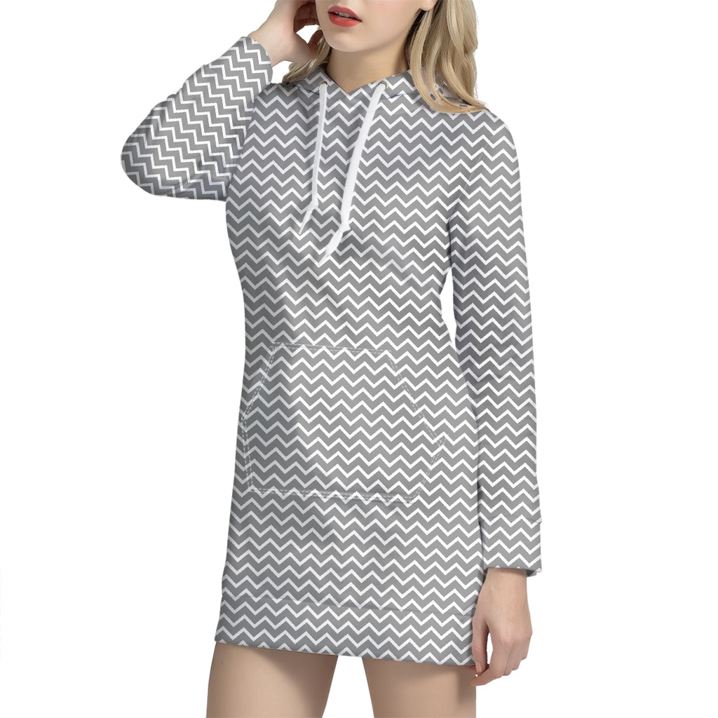 Grey And White Zigzag Pattern Print Hoodie Dress