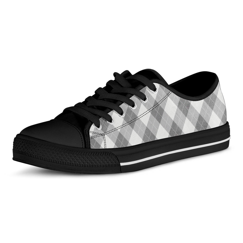 Grey Argyle Pattern Print Black Low Top Shoes