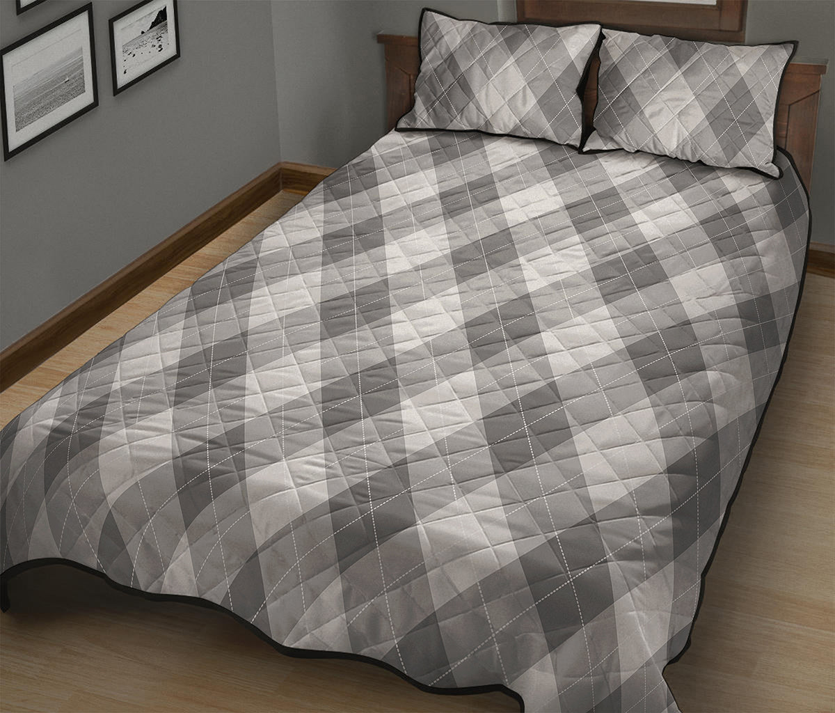 Grey Argyle Pattern Print Quilt Bed Set